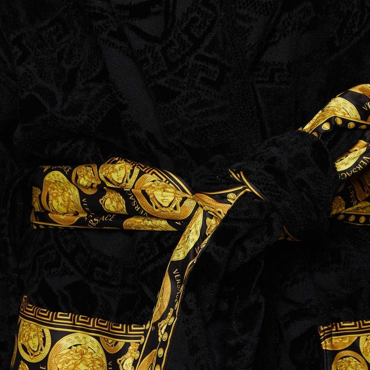 Pre Owned Versace Home Black Logo Terry Cotton Baroque Tie-Waist Bathrobe L