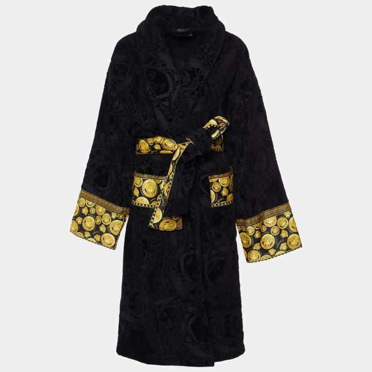 ルームウェア・パジャマ VERSACE Black Terry Cotton Bathrobe with Baroque Pattern I ♡ Baroque Short Bathrobe Black | VERSACE US