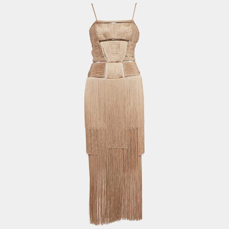 Pre Owned Versace Beige Silk Tassel Shoulder Strap Maxi Dress S