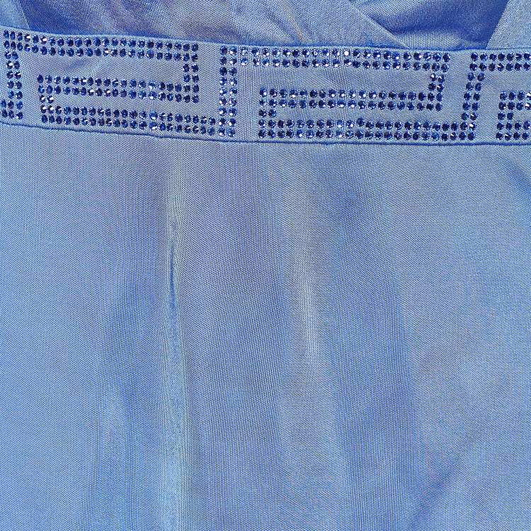 Pre Owned Versace Blue Jersey Crystal Greca Embellished Tank Top M