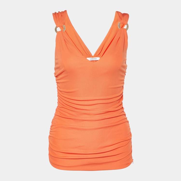 Pre Owned Versace Orange Crepe Ruched Sleeveless Top S