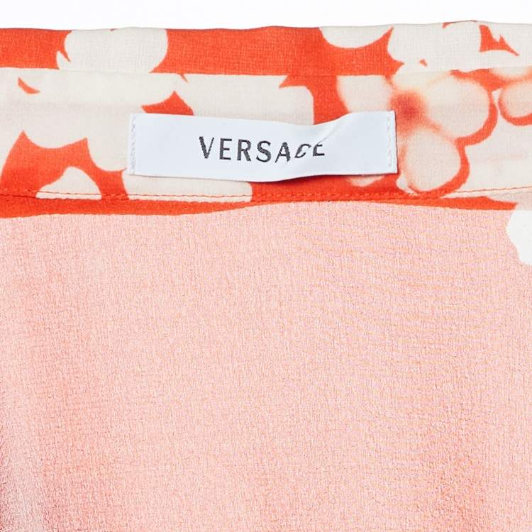 Pre Owned Versace Orange Floral Print Silk Crepe Button Front Blouse M