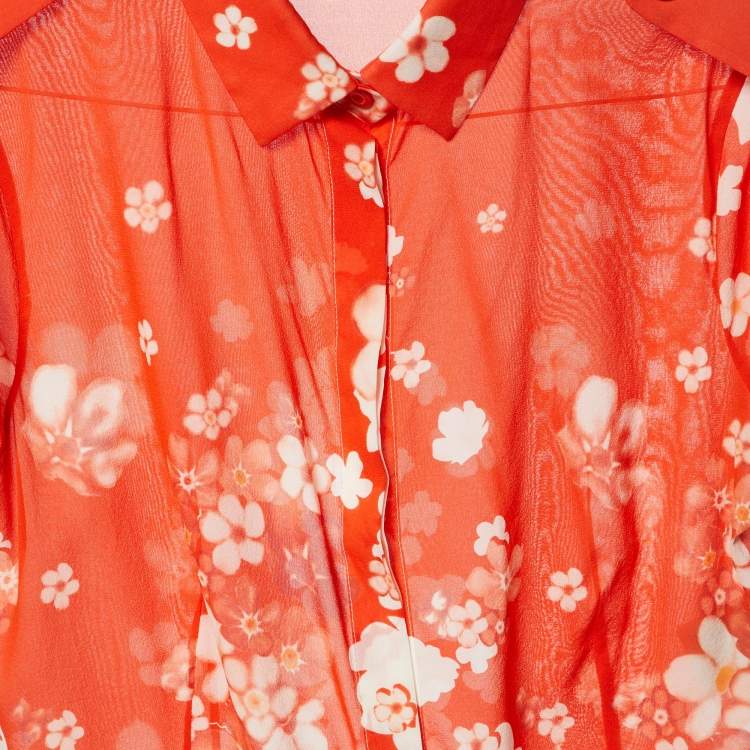 Pre Owned Versace Orange Floral Print Silk Crepe Button Front Blouse M