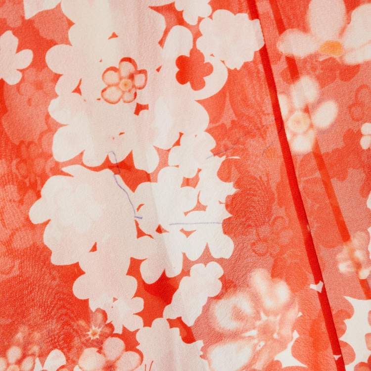 Pre Owned Versace Orange Floral Print Silk Crepe Button Front Blouse M