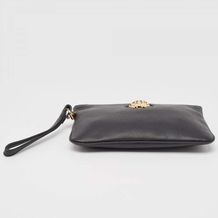 Pre Owned Versace Black Leather La Medusa Wristlet Clutch