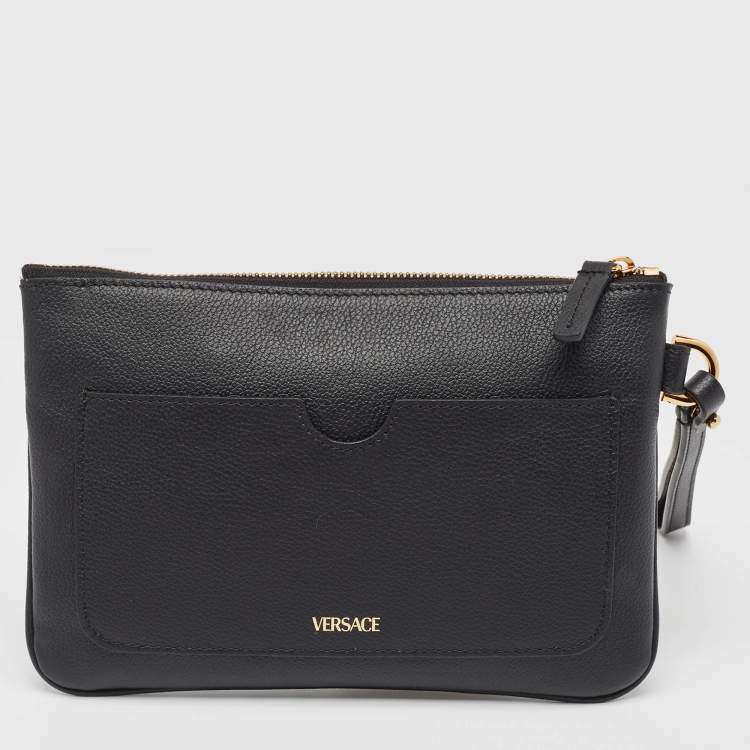 Pre Owned Versace Black Leather La Medusa Wristlet Clutch