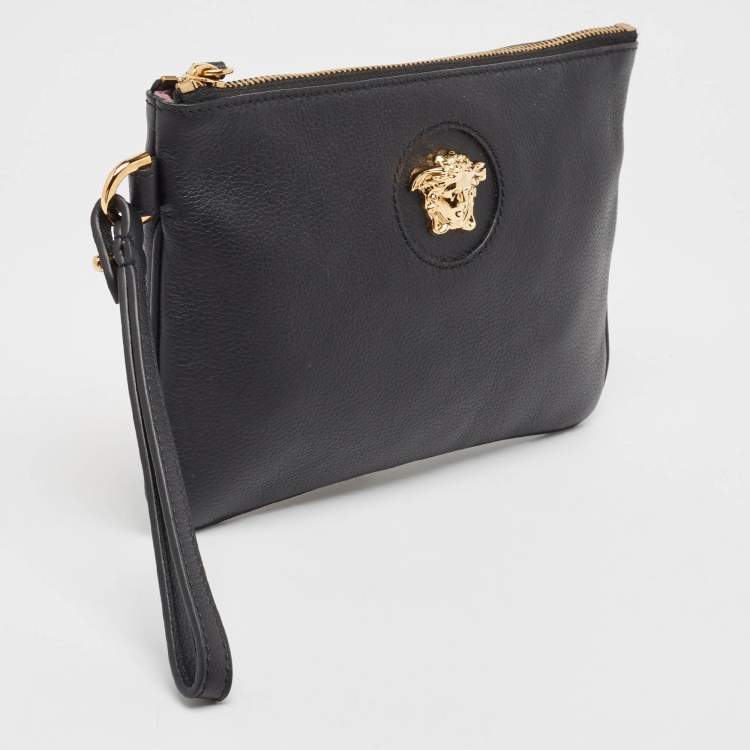 Pre Owned Versace Black Leather La Medusa Wristlet Clutch