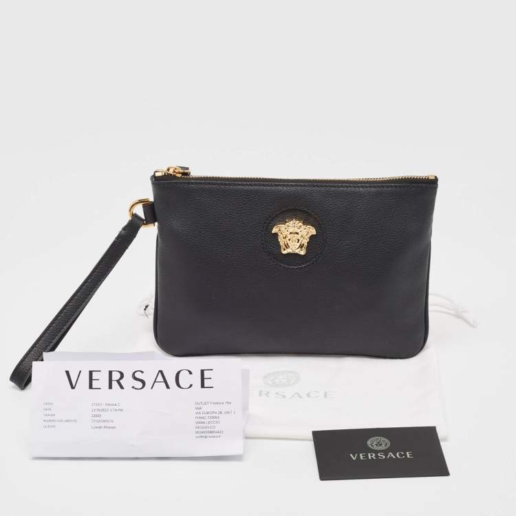 Pre Owned Versace Black Leather La Medusa Wristlet Clutch
