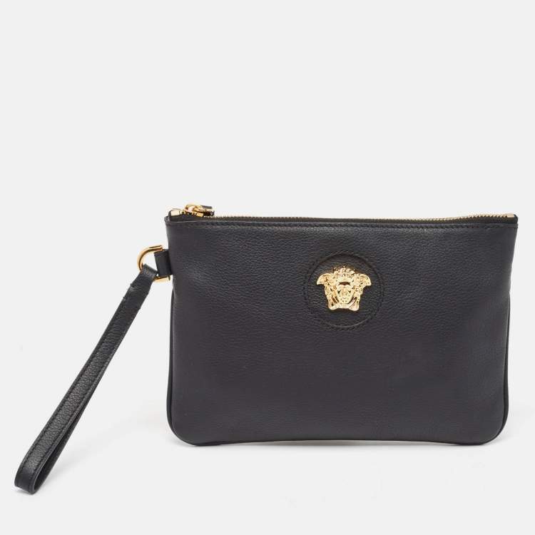 Pre Owned Versace Black Leather La Medusa Wristlet Clutch