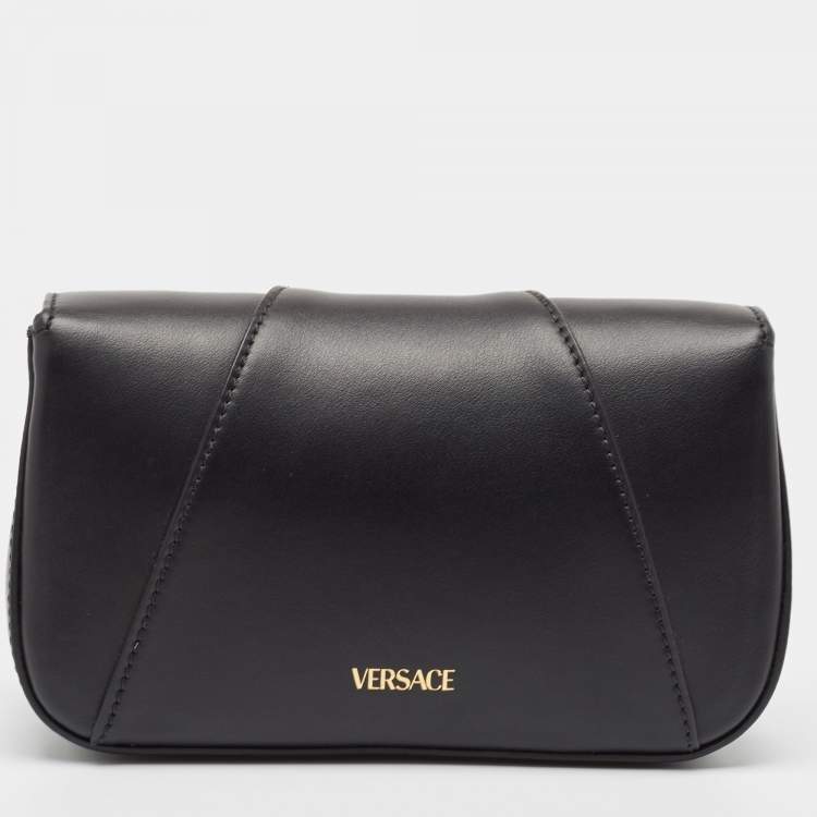 Pre Owned Versace Black Leather Virtus Flap Saddle Bag