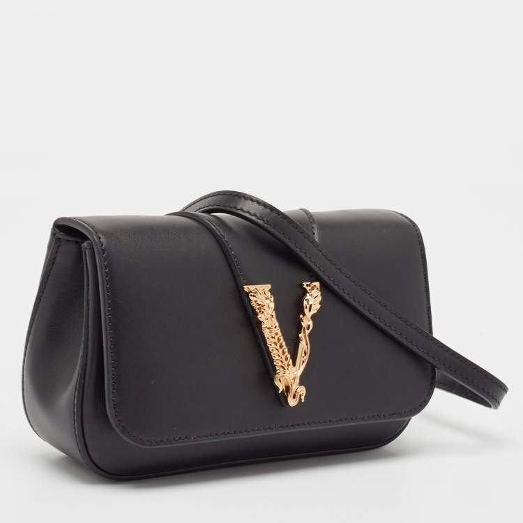 Pre Owned Versace Black Leather Virtus Flap Saddle Bag