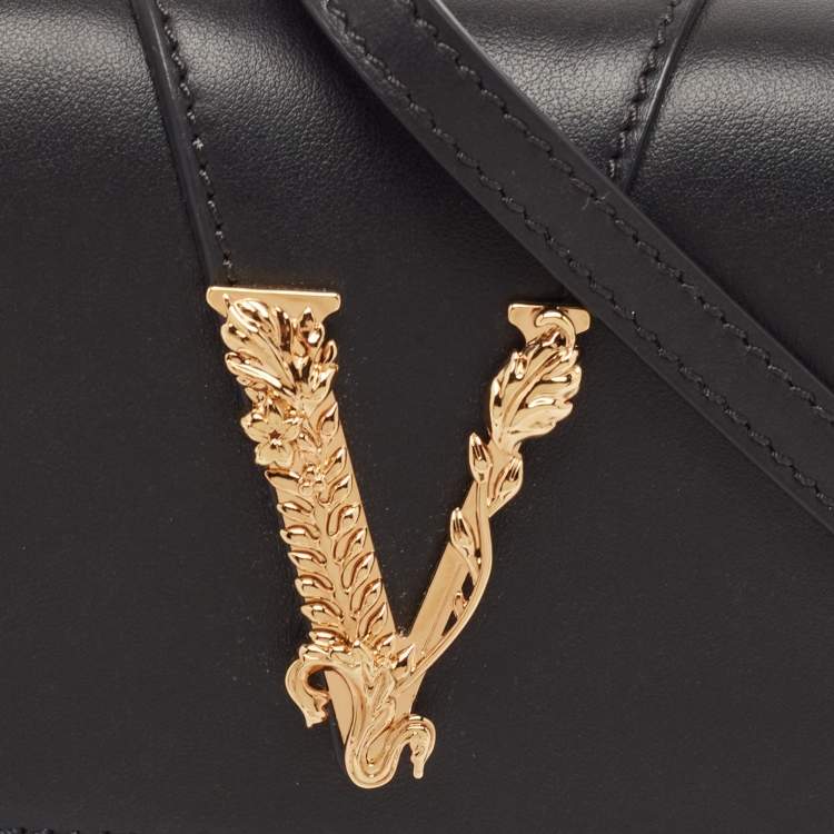 Pre Owned Versace Black Leather Virtus Flap Saddle Bag