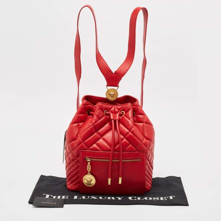 Pre Owned Versace Red Quilted Leather Medusa Tribute Drawstring Backpack