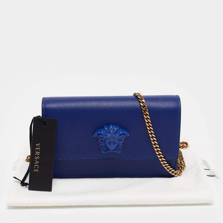 Pre Owned Versace Blue Leather Palazzo Chain Clutch