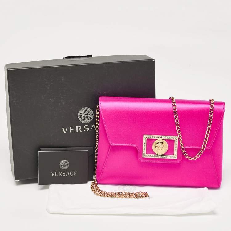 Pre Owned Versace Magenta Satin La Medusa Chain Clutch