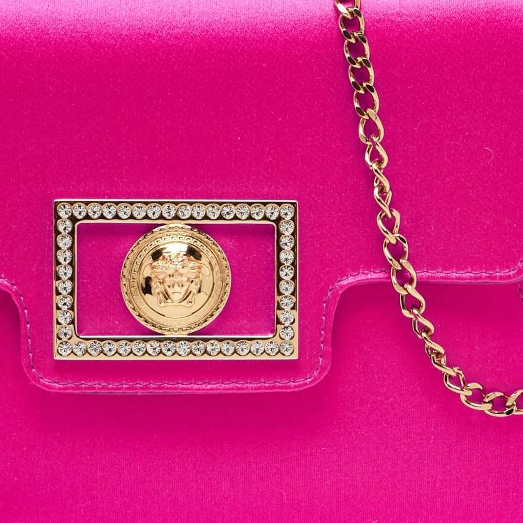 Pre Owned Versace Magenta Satin La Medusa Chain Clutch