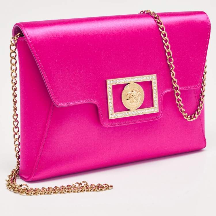 Pre Owned Versace Magenta Satin La Medusa Chain Clutch