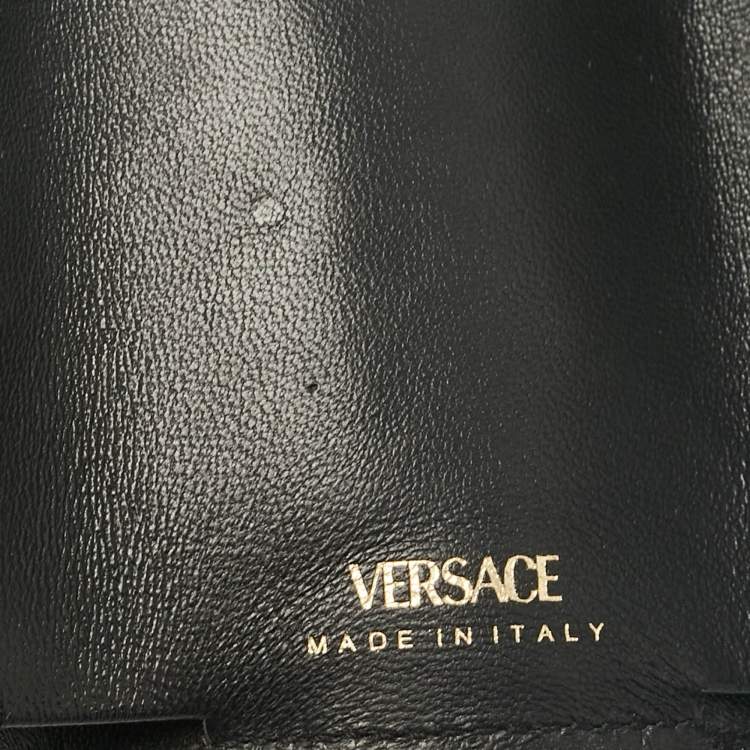Pre Owned Versace Black Leather Mini Medusa Trifold Wallet On Chain