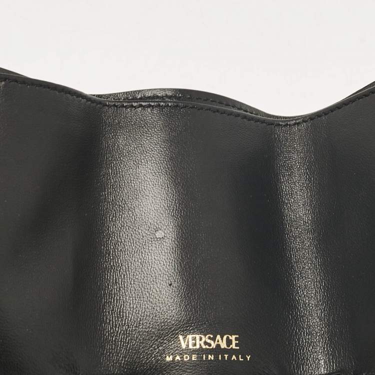Pre Owned Versace Black Leather Mini Medusa Trifold Wallet On Chain