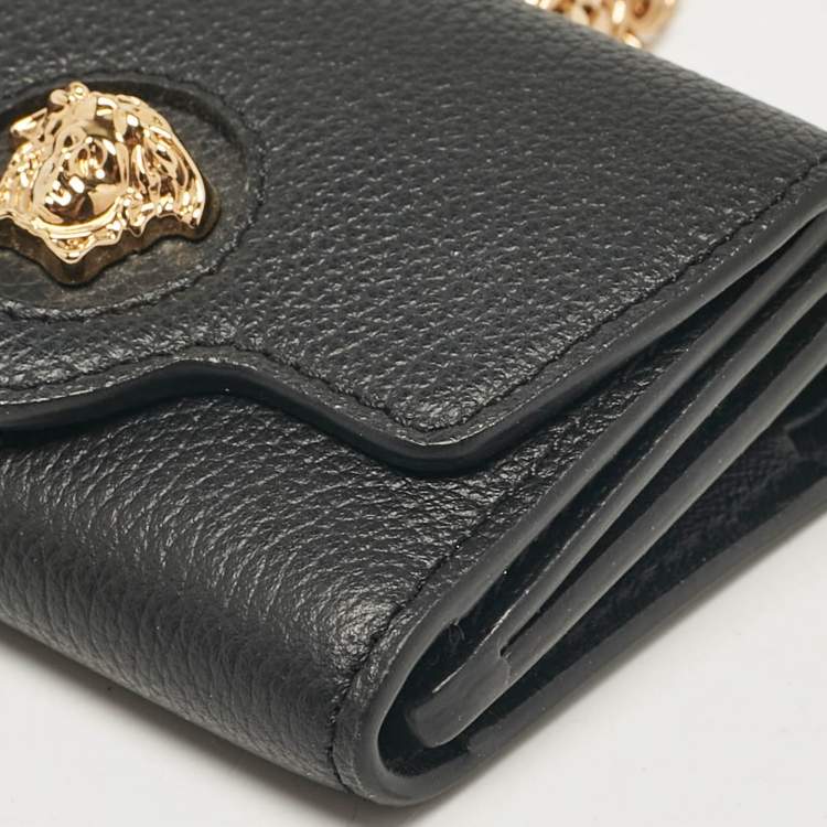 Pre Owned Versace Black Leather Mini Medusa Trifold Wallet On Chain