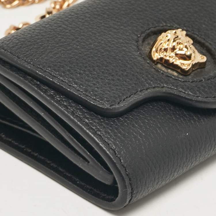 Pre Owned Versace Black Leather Mini Medusa Trifold Wallet On Chain