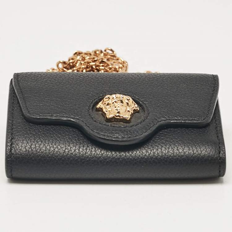 Pre Owned Versace Black Leather Mini Medusa Trifold Wallet On Chain