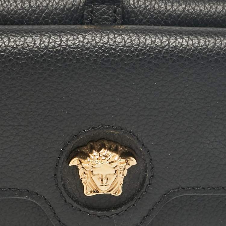 Pre Owned Versace Black Leather Mini Medusa Trifold Wallet On Chain