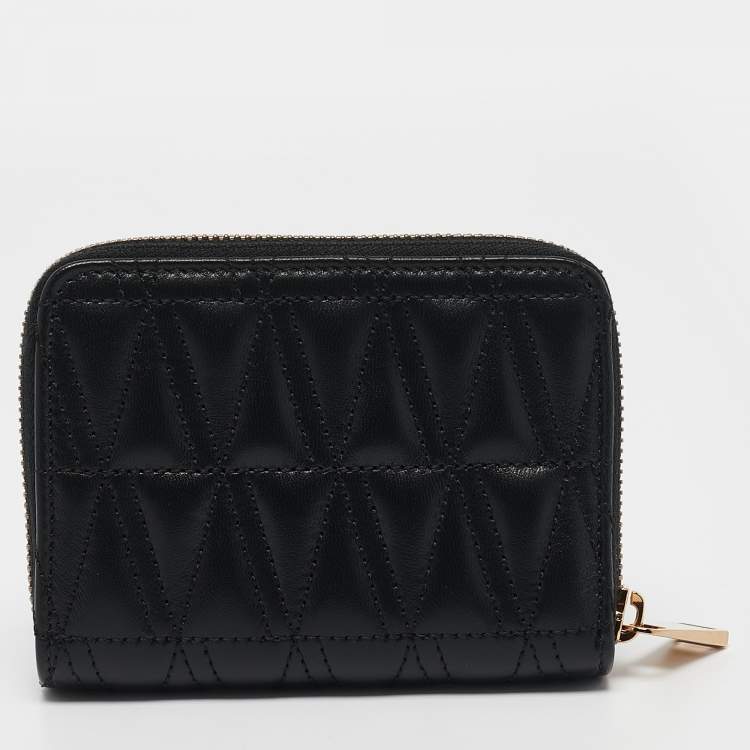Pre Owned Versace Black Leather Zip Around Compact Wallet