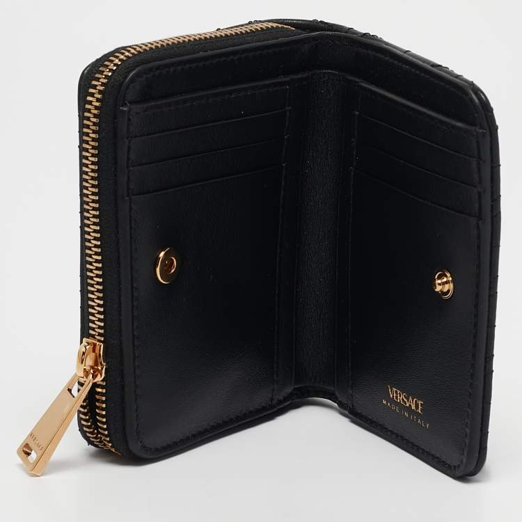 Pre Owned Versace Black Leather Zip Around Compact Wallet