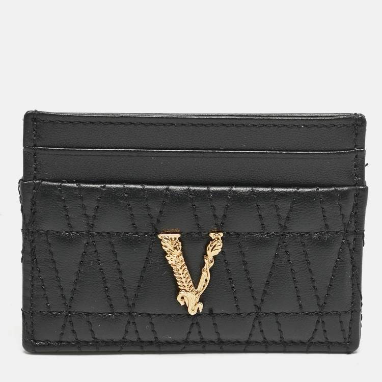 Pre Owned Versace Black Quilted Leather Virtus Card Holder