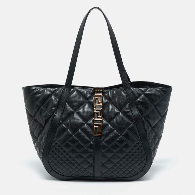 Pre Owned Versace Black Quilted Leather Large Greca Goddess Tote