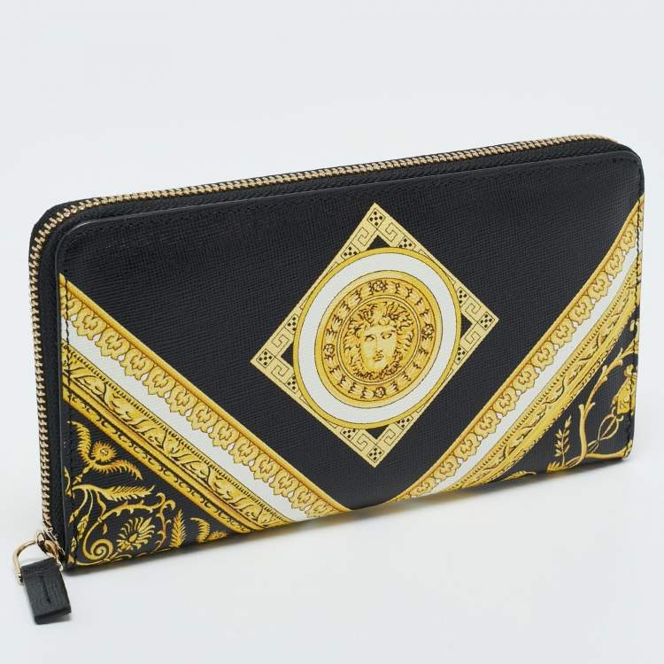 Pre Owned Versace Black Baroque Print Leather La Medusa Zip Around Wallet