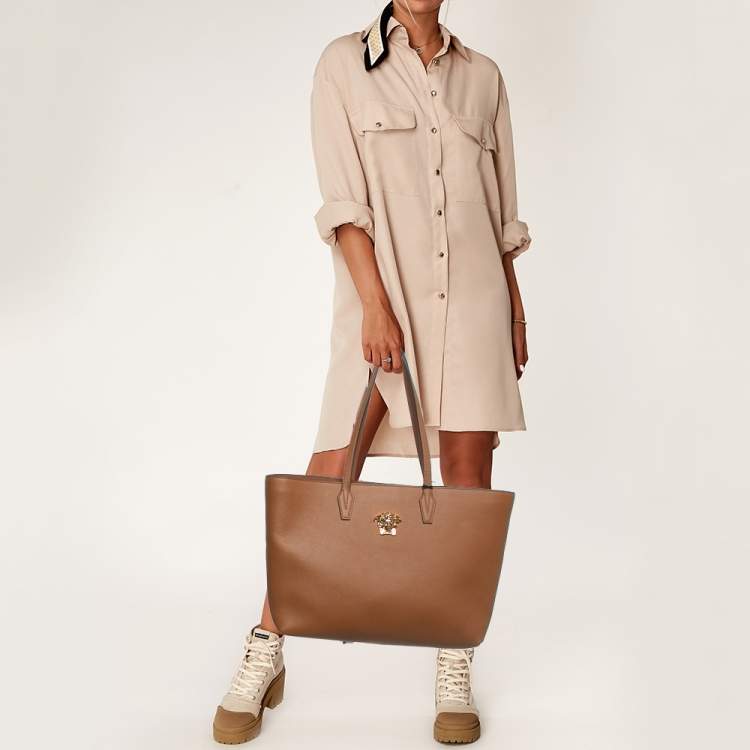 Pre Owned Versace Brown Leather La Medusa Shopper Tote