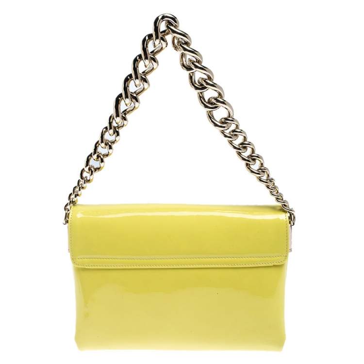 Pre Owned Versace Neon Yellow Patent Leather Medusa Palazzo Shoulder Bag