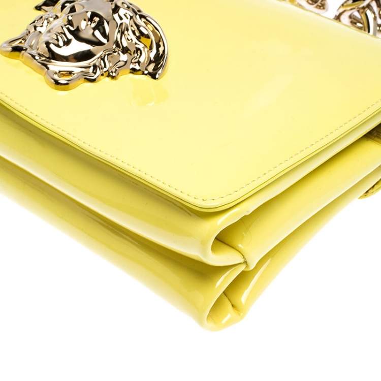 Pre Owned Versace Neon Yellow Patent Leather Medusa Palazzo Shoulder Bag