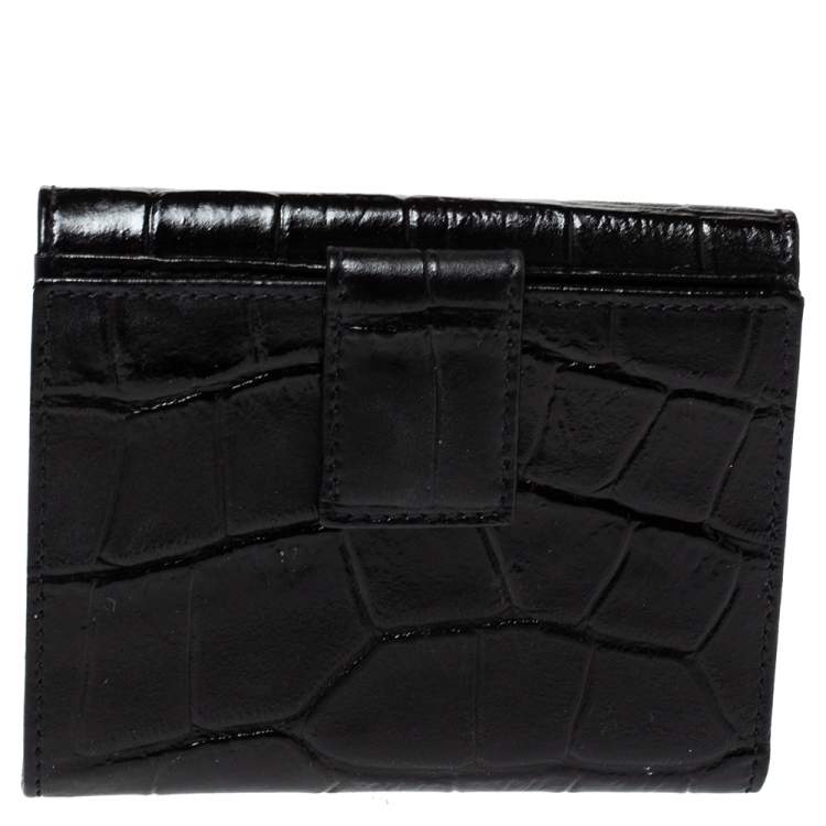 Pre Owned Versace Black Croc Embossed Leather Medusa Flap Compact Wallet