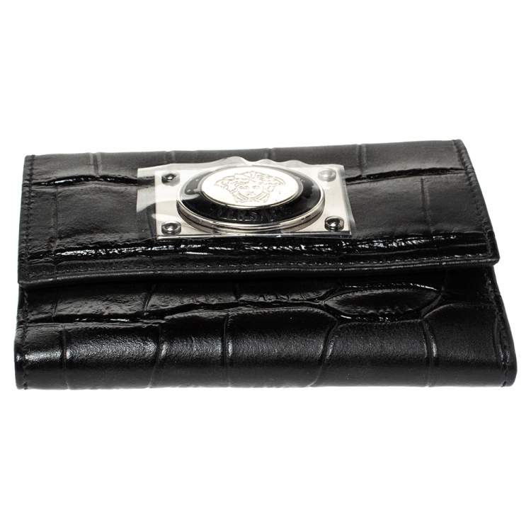 Pre Owned Versace Black Croc Embossed Leather Medusa Flap Compact Wallet
