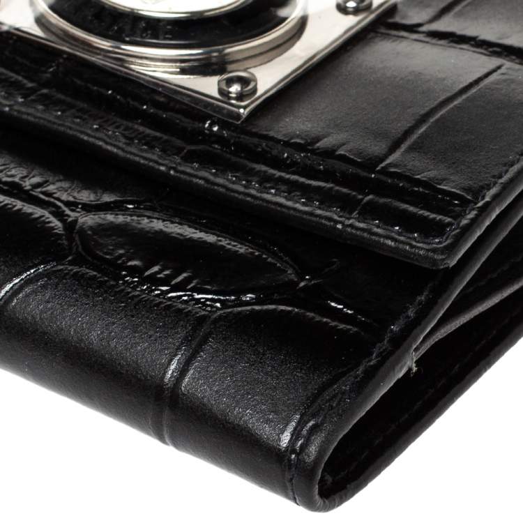 Pre Owned Versace Black Croc Embossed Leather Medusa Flap Compact Wallet