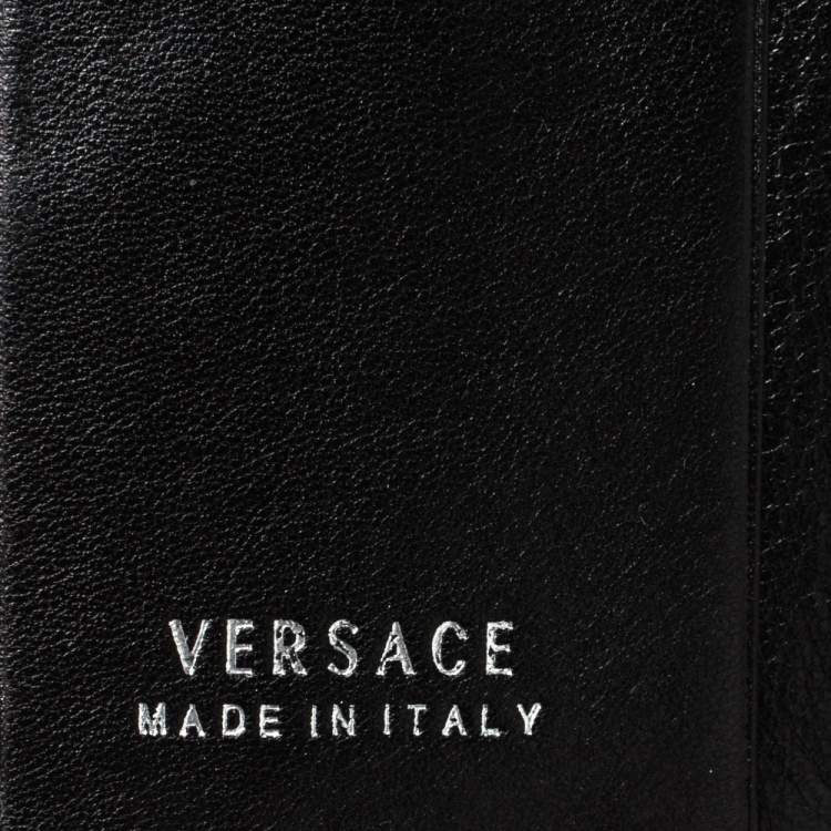 Pre Owned Versace Black Croc Embossed Leather Medusa Flap Compact Wallet
