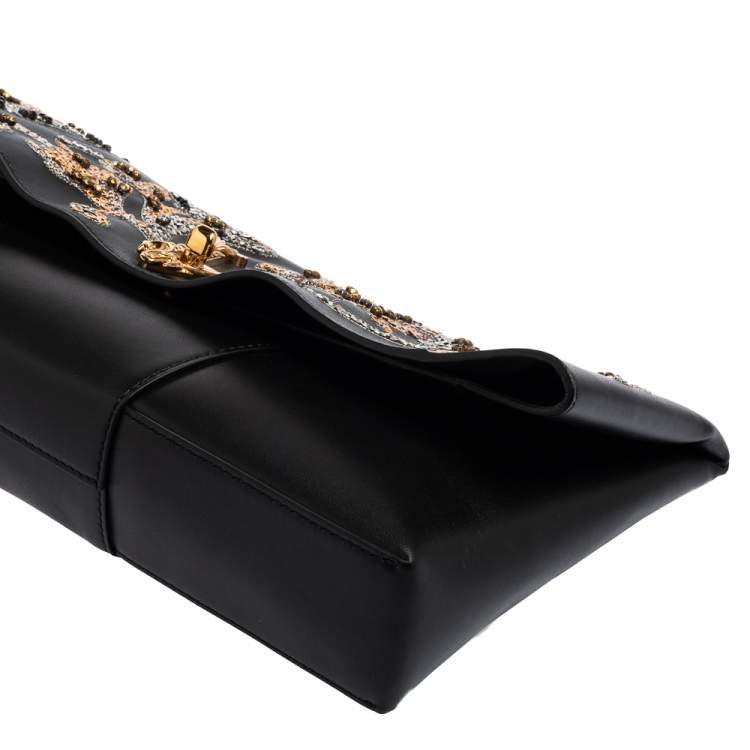 Pre Owned Versace Black Leather Virtus Sequin Embellished Fold Over Clutch