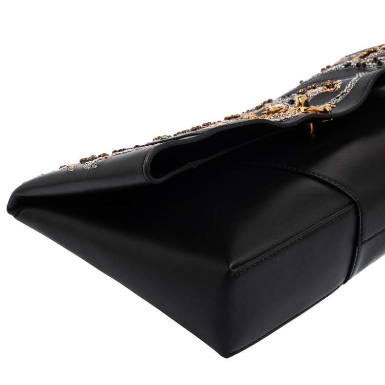 Pre Owned Versace Black Leather Virtus Sequin Embellished Fold Over Clutch