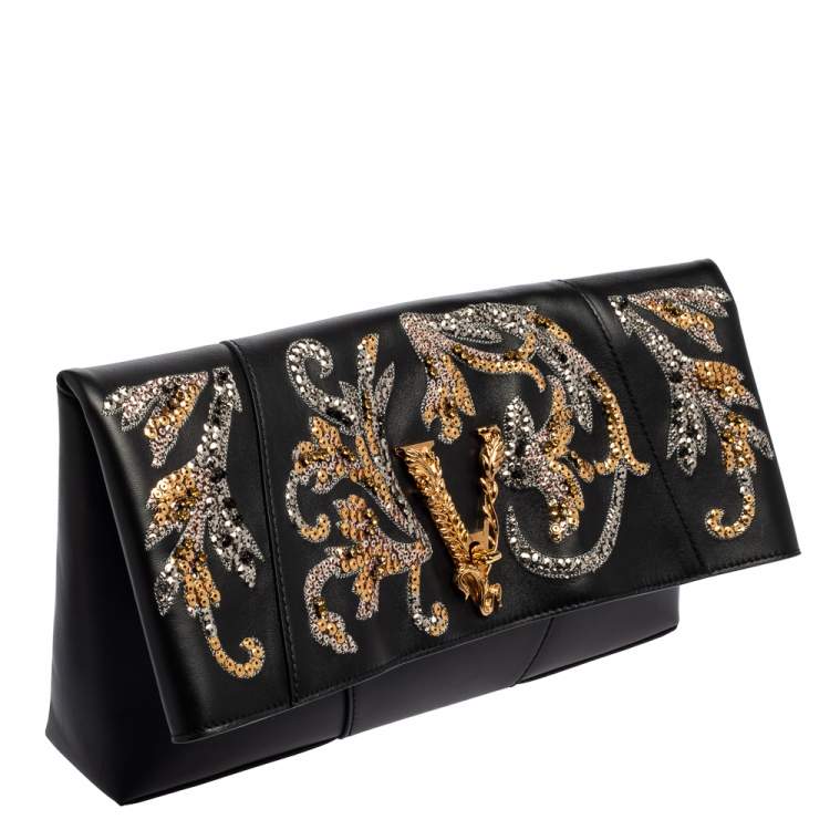 Pre Owned Versace Black Leather Virtus Sequin Embellished Fold Over Clutch