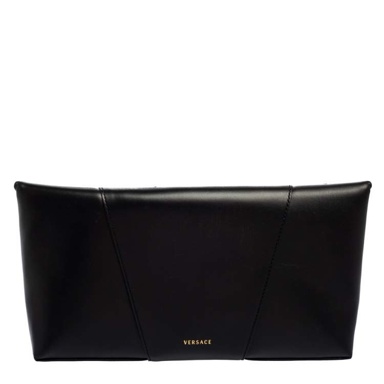 Pre Owned Versace Black Leather Virtus Sequin Embellished Fold Over Clutch
