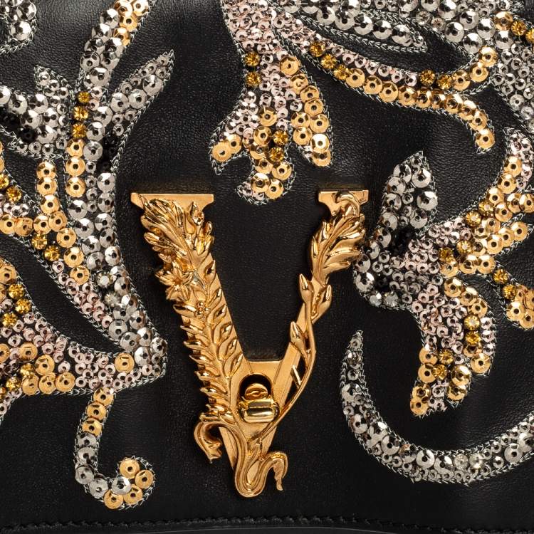 Pre Owned Versace Black Leather Virtus Sequin Embellished Fold Over Clutch