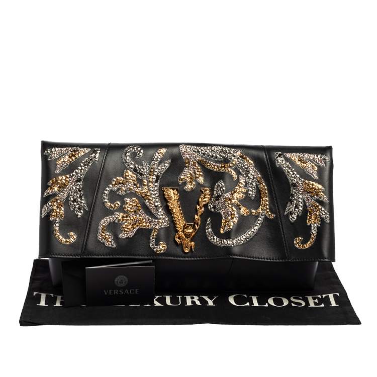 Pre Owned Versace Black Leather Virtus Sequin Embellished Fold Over Clutch