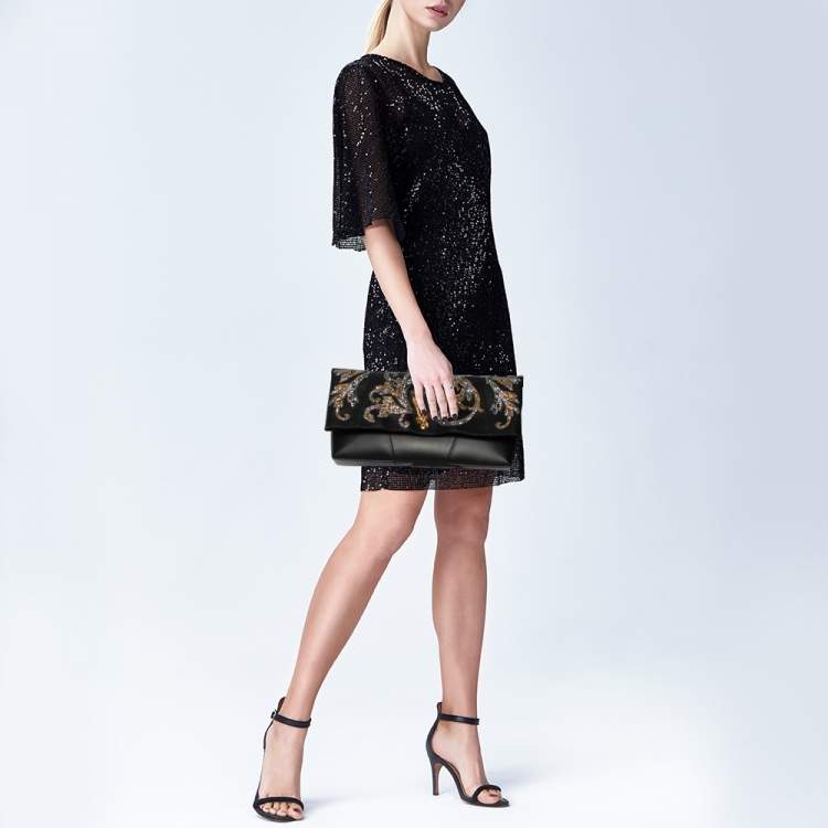 Pre Owned Versace Black Leather Virtus Sequin Embellished Fold Over Clutch