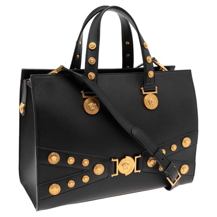 Pre Owned Versace Black Leather Tribute Medussa Studded Tote