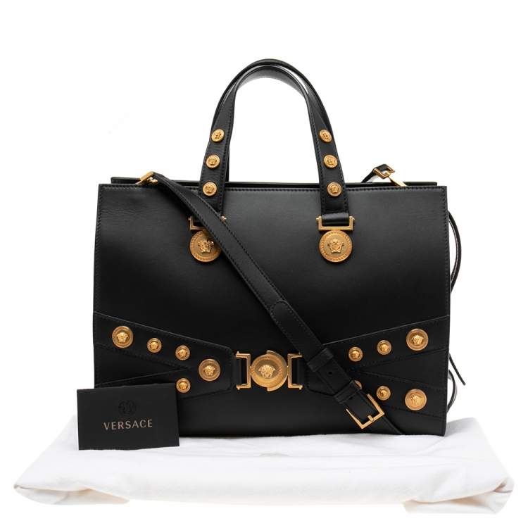 Pre Owned Versace Black Leather Tribute Medussa Studded Tote