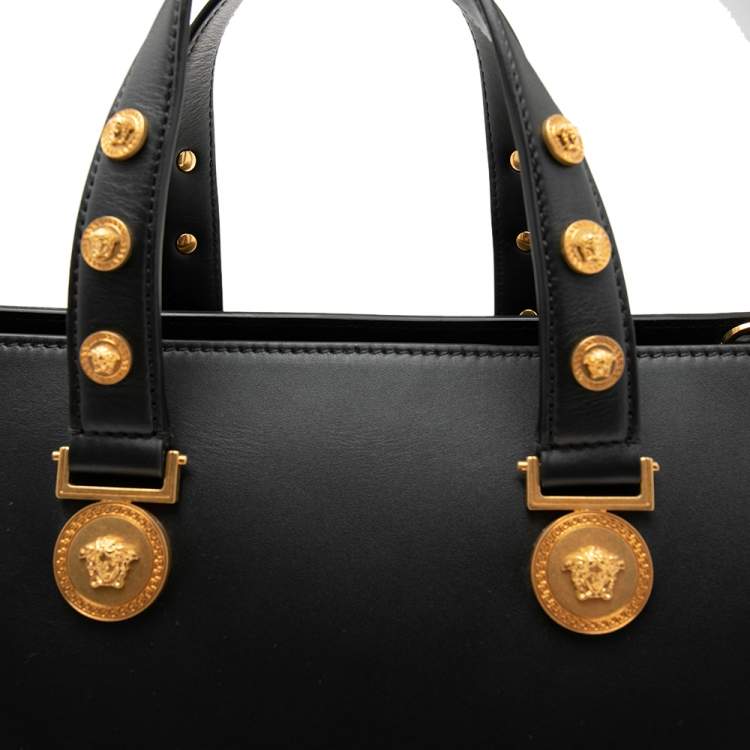 Pre Owned Versace Black Leather Tribute Medussa Studded Tote
