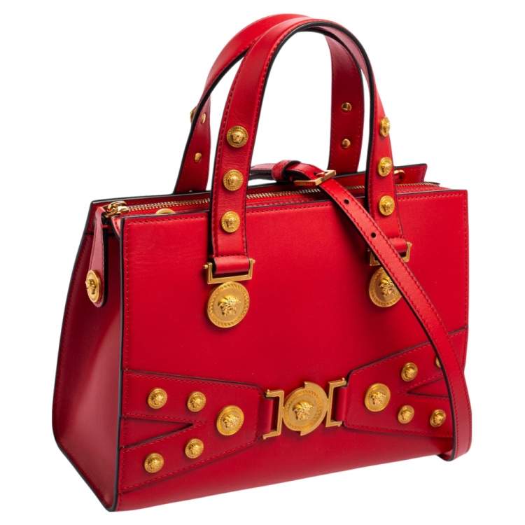 Pre Owned Versace Red Leather Tribute Medusa Studded Zip Tote